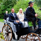 14. August 2014: Kronprinz Haakon und Prinzessin Mette-Marit nehmen an einer Gedenkfeier zum Verfassungsjubiläum im Spydeberg Pfarrhaus teil.