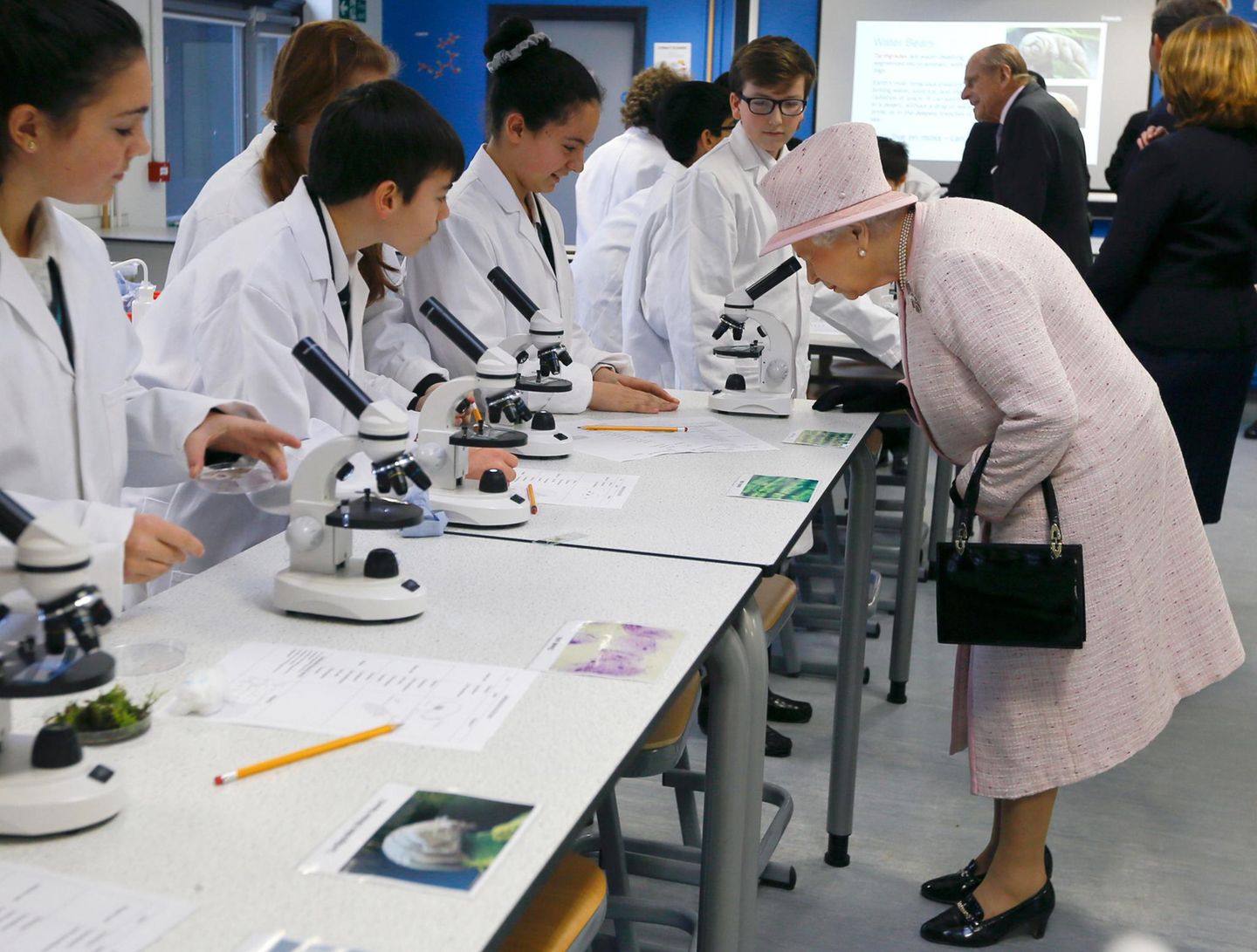 28. November 2014: Mit 88 Jahren geht Queen Elizabeth wieder zur Schule. Im "Holyport College" in Maidenhead nimmt sie an einer Physikstunde teil und schaut sich dabei etwas unter dem Mikroskop genauer an.