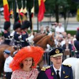 21. Juli 2014: Nationalfeiertag in Belgien: Königin Mathilde und König Philippe kommen an der Sainte-Gudule Kathedrale in Brüssel an, wo ein Gottesdienst stattfindet.
