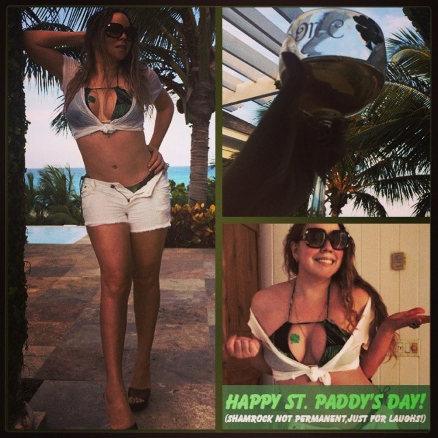 Im grünen Bikini und mit Kleeblatt-Tattoo posiert Mariah Carey für ihr Feiertagsposting auf Instagram.