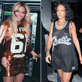 Football-Shirts  Die beliebteste Sportart der USA erfreut sich auch modisch in dieser Saison großer Beliebtheit. Beyoncé in einem Shirtkleid von Tom Ford und Rihanna mit der transparenten Variante zeigen sich von ihrer sportlichen Seite.