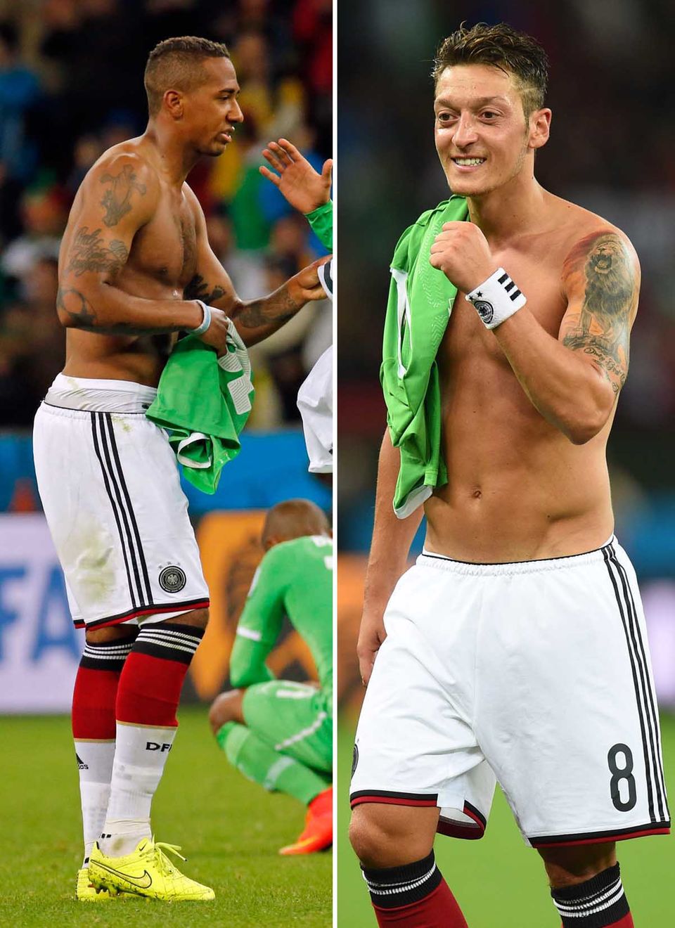 Natürlich gehört der obligatorische Trikottausch nach dem Spiel dazu. Jerome Boateng und Mesut Özil zeigen, wie's geht.