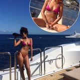Fashion-Looks: Im zweifarbigen Glitzer-Bikini erweitert die 26-Jährige ihre heiße Bikini-Show auf einer Luxus-Yacht.