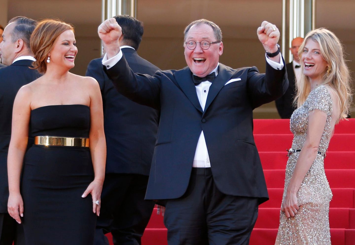 Produzent John Lasseter und die Synchronstimmen des Films Amy Poehler und Melanie Laurent feiern ihren Film "Inside Out".