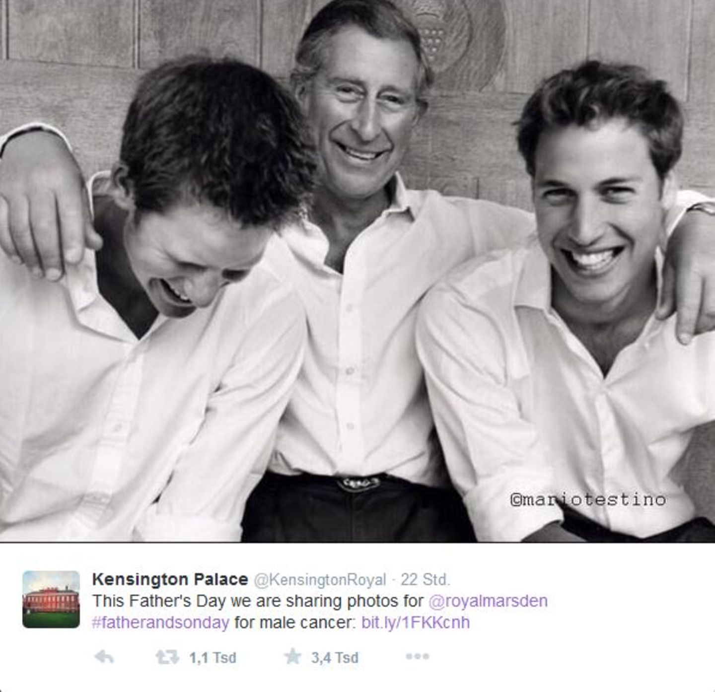Zum Vatertag twittert der Kensington Palace ein Schwarzweißfoto von Prinz Charles und seinen Söhnen.