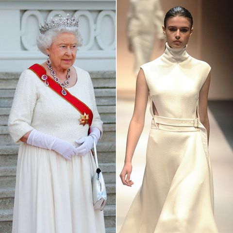 Designerin Victoria Beckham sieht Frauen für den Herbst in Weiß. Style-Queen Elizabeth II. hat diesen Trend natürlich schon längst aufgespürt. Im schlichten weißen Abendkleid macht sie beim Staatsempfang eine super Figur. Und wie das Label DSquared2 liebt sie Akzente mit Rubinschmuck.