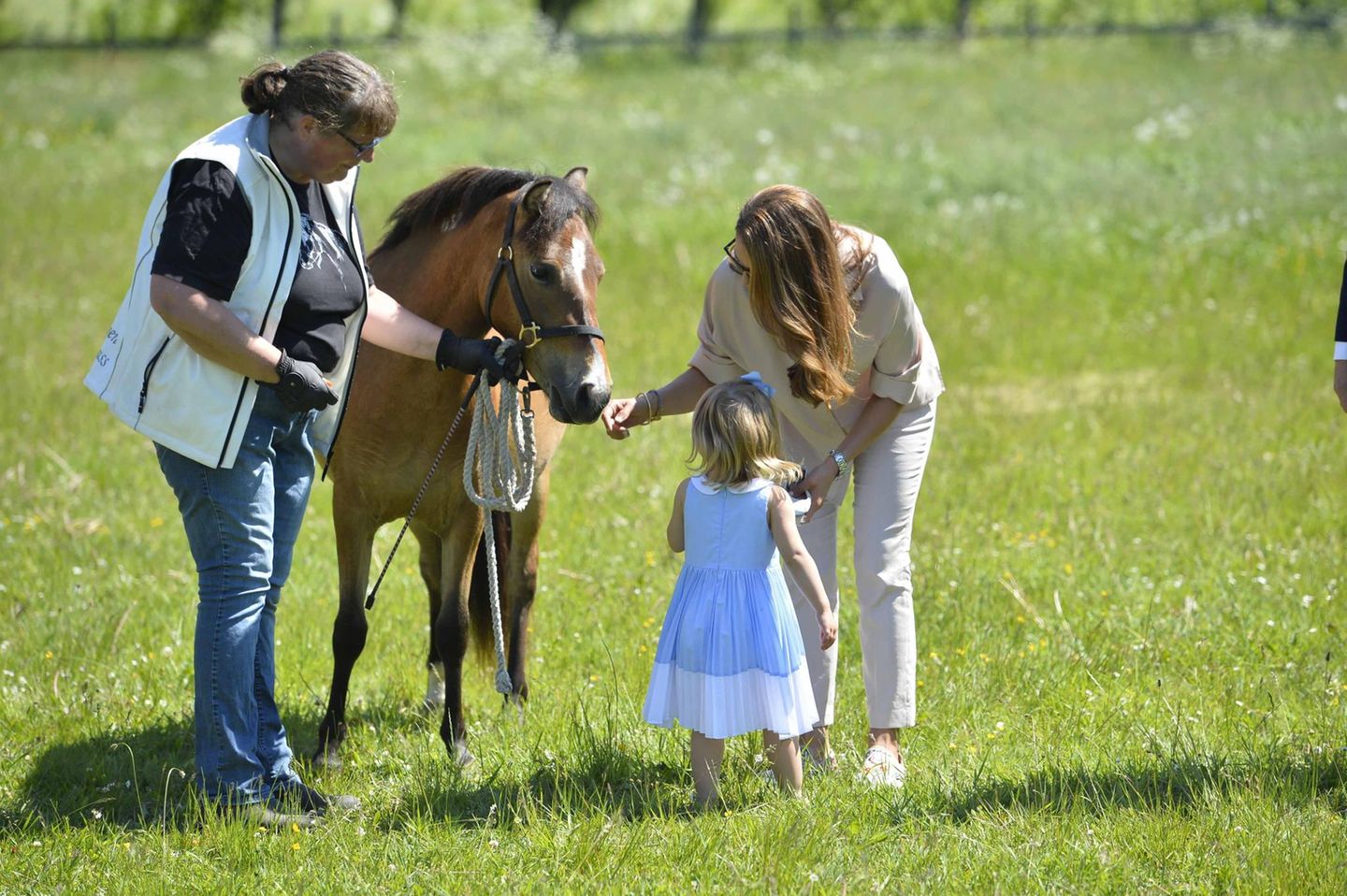 "Guck mal, das ist Haidi!" - Prinzessin Madeleine stellt ihrer Tochter ihr Taufgeschenk vor, das Gotland-Pony Haidi.