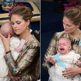 Liebevoll schmiegt Prinzessin Madeleine ihren Sohn an sich und versucht ihn zu beruhigen.