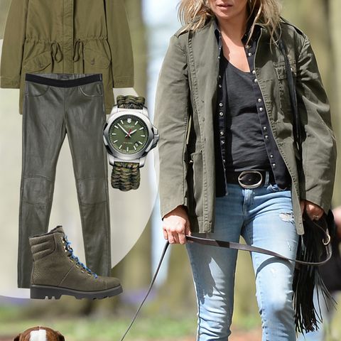 Kate Moss beim Spaziergang mit ihrem Hund in einer lässigen Kombi aus Denim und Military