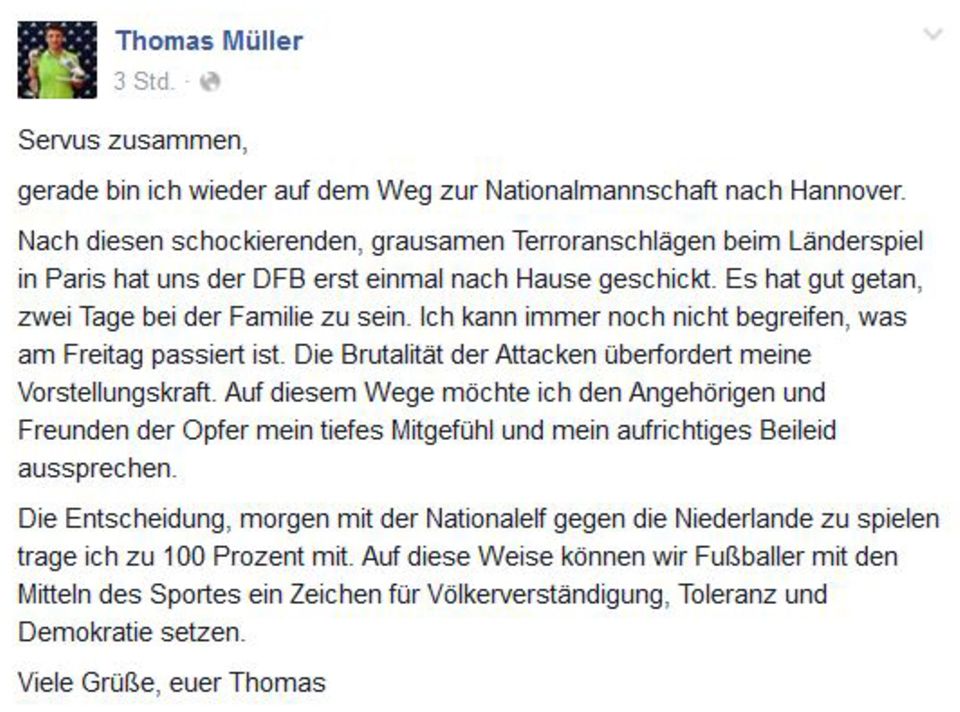 Wie bereits sein Team-Kollege Bastian Schweinsteiger nutzt auch WM-Held Thomas Müller sein Social-Media-Profil, um sein aufrichtiges Beileid in einem Statement auszusprechen.
