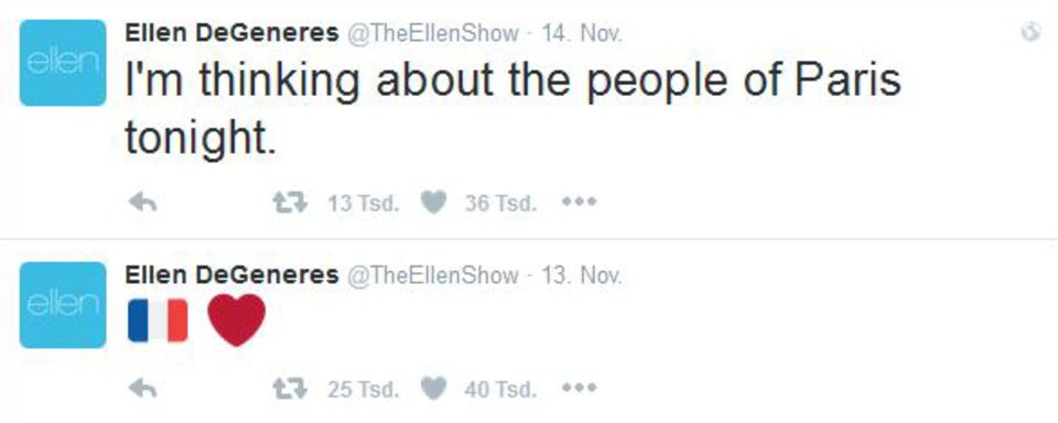Ellen DeGeneres kennt man besonders für ihre Sprüche. Zu den Anschlägen in Paris fehlen ihr zunächst jedoch die Worte. Mit der französischen Flagge sowie einem Herz-Emoji zeigt sie in einem ersten Post ihr Mitgefühl auf Twitter. Ellen DeGeneres kennt man besonders für ihre Sprüche. Zu den Anschlägen in Paris fehlen ihr zunächst jedoch die Worte. Mit der französischen Flagge sowie einem Herz-Emoji zeigt sie in einem ersten Post ihr Mitgefühl auf Twitter.