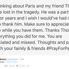Von seinem Freund Thomas nimmt Justin Bieber mit einer emotionalen Dankesrede via Twitter Abschied. "Du wirst geschätzt und vermisst", schreibt er an das Bieber-Team-Mitglied, das in Paris sein Leben ließ.