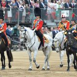 11. Juni 2016: Trooping the Colour    Bei der Pferdeparade folgen Prinz William, auf dem weißen Pferd, Prinz Charles und Prinzessin Anne der Könnigen-Kutsche.
