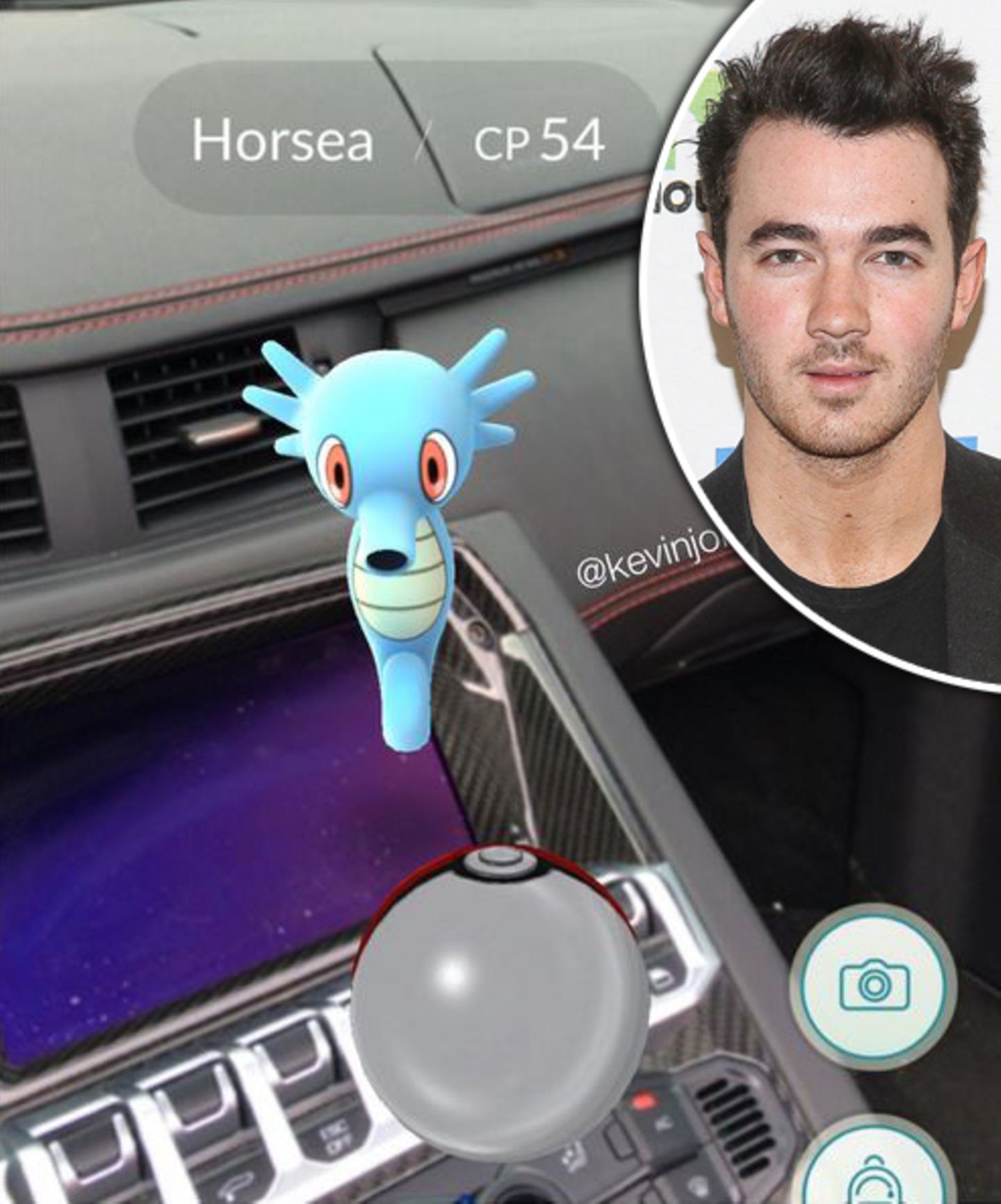 Kevin Jonas staunt nicht schlecht, als er das Pokemon "Seeper" in seinem Sportwagen entdeckt.