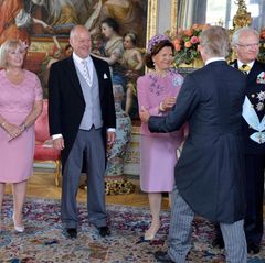 9. September 2016  Marie und Erik Hellqvist (Prinzessin Sofias Eltern) und König Carl Gustaf und Königin Silvia begrüßen die Gäste beim Taufempfang.