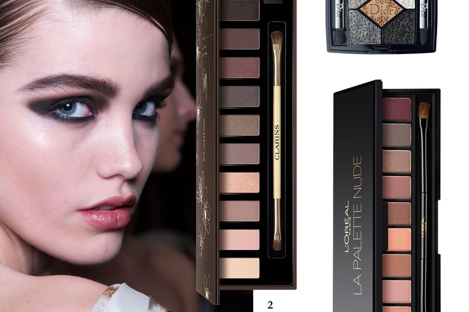 1. Metallic-Effekt: "5 Couleurs Eyeshadow – Smoky Sequins" von Dior, ca. 59 Euro, limitiert; 2. Alles drin: "The Essentials" von Clarins, ca. 50 Euro, limitiert; 3. Natural: "Color Riche La Palette – Rose" von L'Oréal Paris, ca. 15 Euro