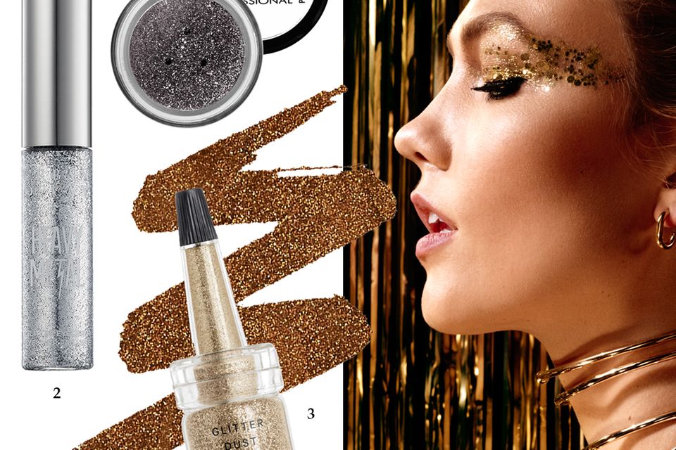 Party-Looks: 1. Feiner Schimmer: "Gun Metal" von Make Up For Ever, ca. 13 Euro; 2. Disco-Liner: "Heavy Metal – Glamrock" von Urban Decay, ca. 22 Euro; 3. Goldregen: Loser Glitter "Shooting Star" von H&M, ca. 6 Euro 1. Feiner Schimmer: "Gun Metal" von Make Up For Ever, ca. 13 Euro; 2. Disco-Liner: "Heavy Metal – Glamrock" von Urban Decay, ca. 22 Euro; 3. Goldregen: Loser Glitter "Shooting Star" von H&M, ca. 6 Euro