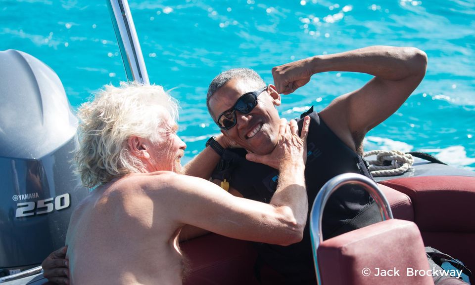 Spaß beim Kitesurfen: Barack Obama mit Milliardär Richard Branson,  auf dessen privater Insel "Moskito Island".