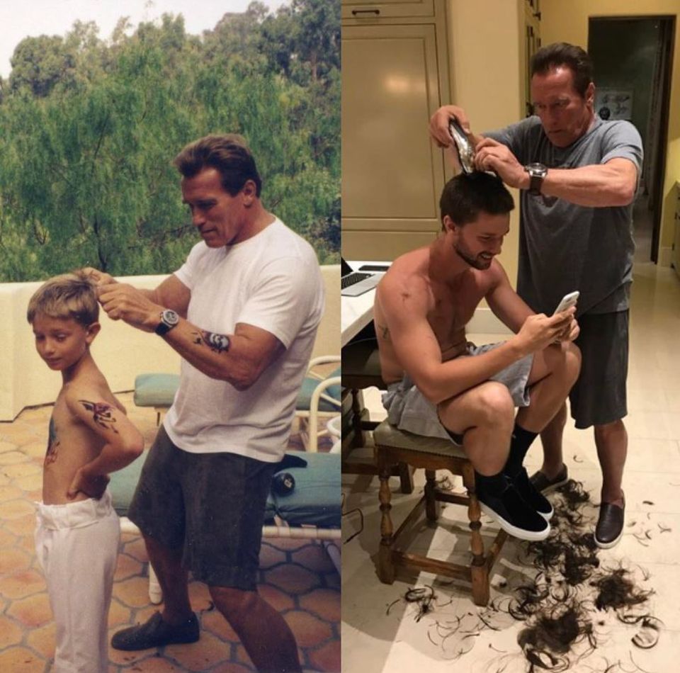 31. März 2017 "Manche Dinge ändern sich nie", postet Arnold Schwarzenegger. Der "Terminator"-Darsteller hat zwei Fotos aus verschiedenen Lebensabschnitten geteilt, auf denen er seinem Sohn Patrick die Haare schneidet. 31. März 2017 "Manche Dinge ändern sich nie", postet Arnold Schwarzenegger. Der "Terminator"-Darsteller hat zwei Fotos aus verschiedenen Lebensabschnitten geteilt, auf denen er seinem Sohn Patrick die Haare schneidet.