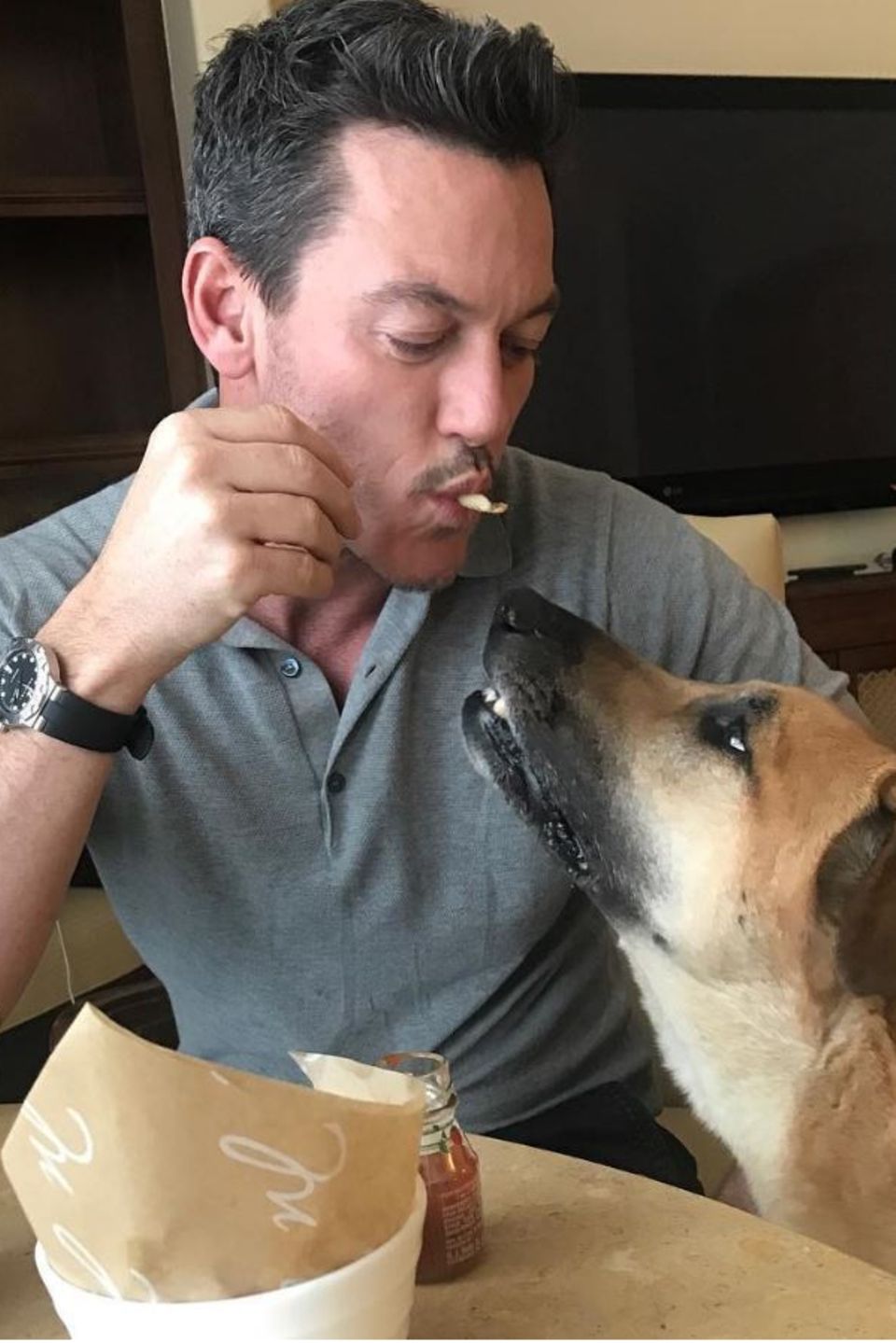 Schauspieler Luke Evans stellt uns seinen Hund Charlie vor: "Er sabbert mir auf die Hose, im Tausch für eine Fritte" - scherzt er.