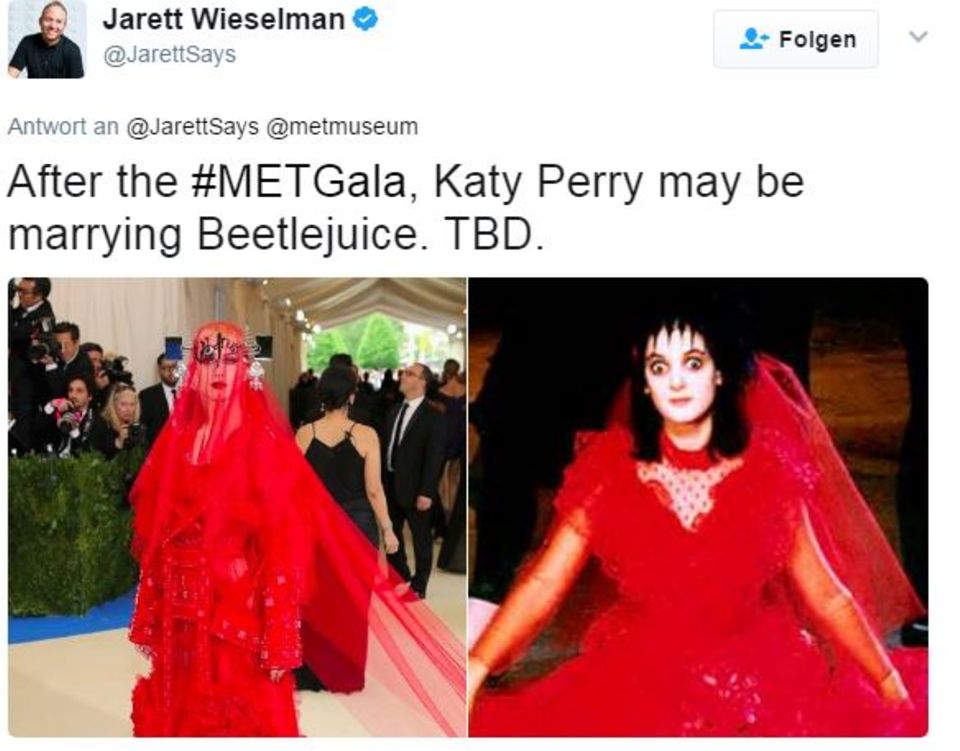 Skurrile Outfits auf der Met Gala 2017: Links: Katy Perry bei der Met Gala 2017 und rechts: Fan Links: Katy Perry bei der Met Gala 2017 und rechts: Fan