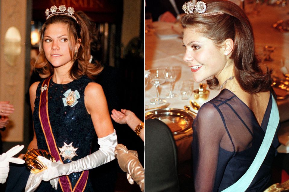 Kronprinzessin Victoria von Schweden am 22. November 1997 beim Innocence Ball in Stockholm und am 2. Dezember 1998 bei einem Empfang für den damaligen russischen Präsidenten Boris Jelzin im Königlichen Schloss. 