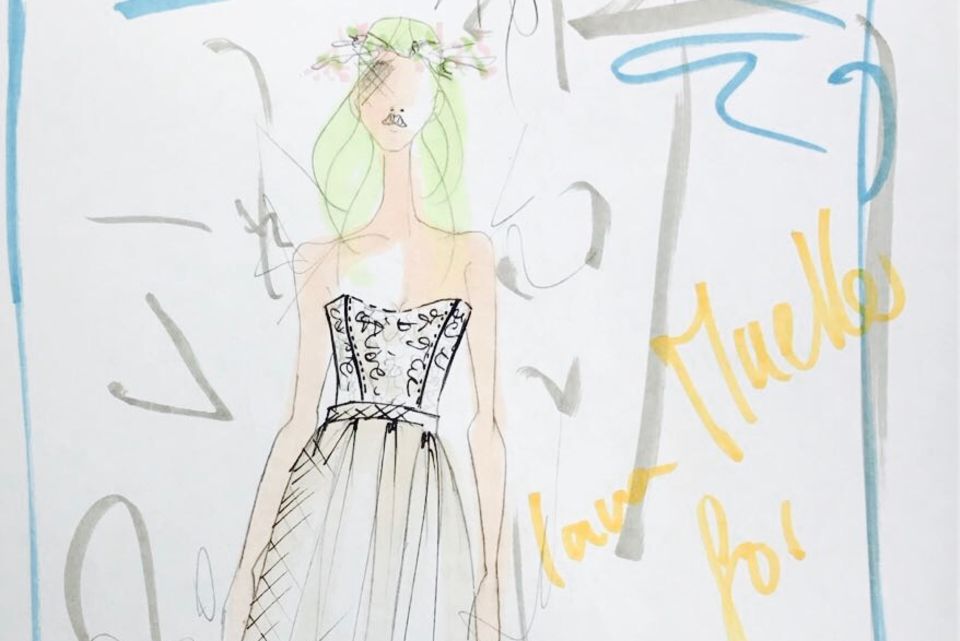 "Lana Mueller for Nina xx" heißt es auf einer Skizze des maßangefertigten Brautkleides. 