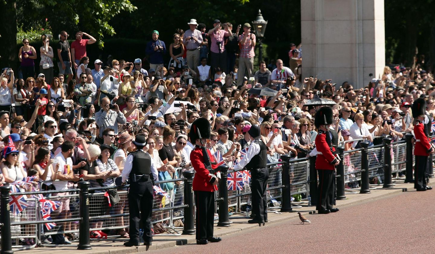 Zahlreiche Besucher freuen sich auf die Parade. Sie warten gespannt auf ihre Lieblingsroyals, die gleich in Kutschen über den Platz gefahren werden.
