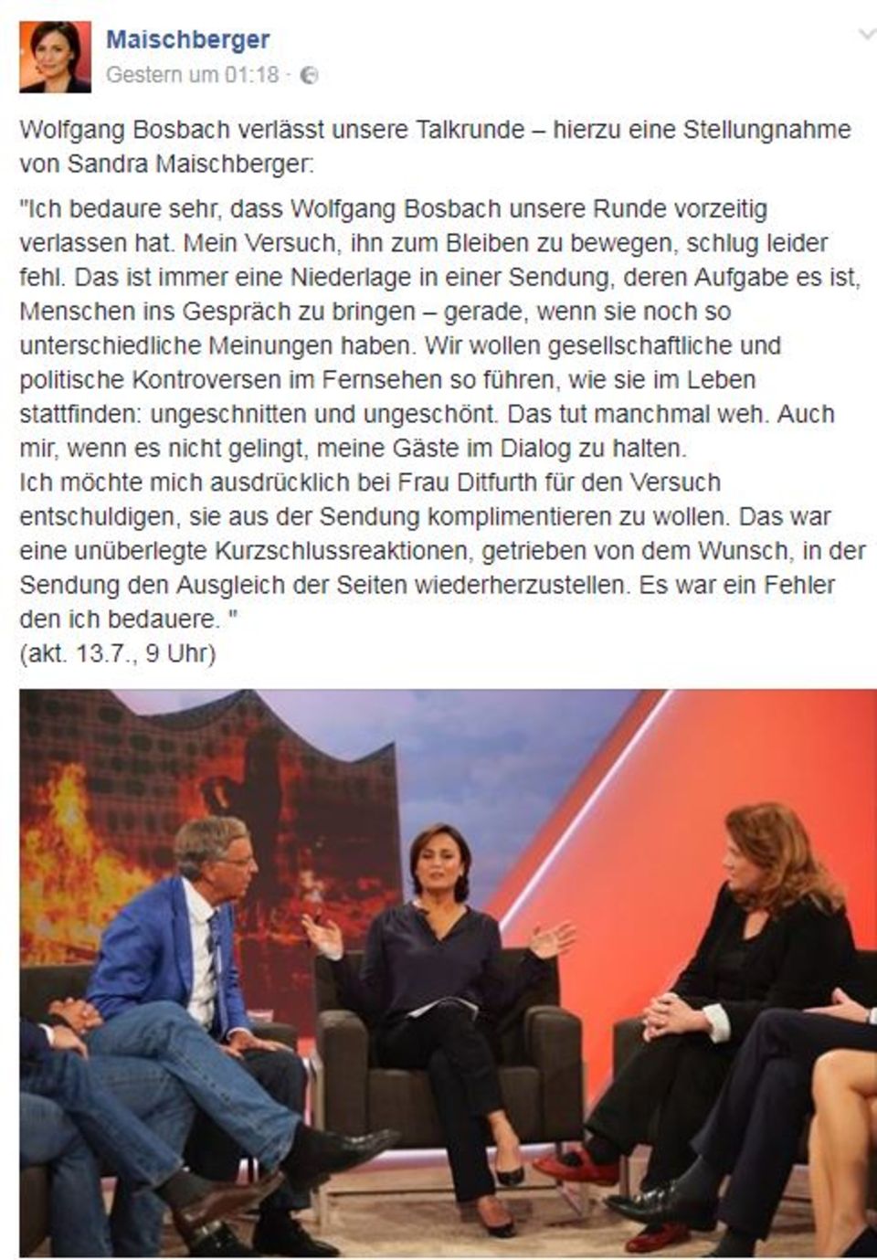 Nach dem TV-Eklat: Facebook-Posting von Sandra Maischberger. Facebook-Posting von Sandra Maischberger.