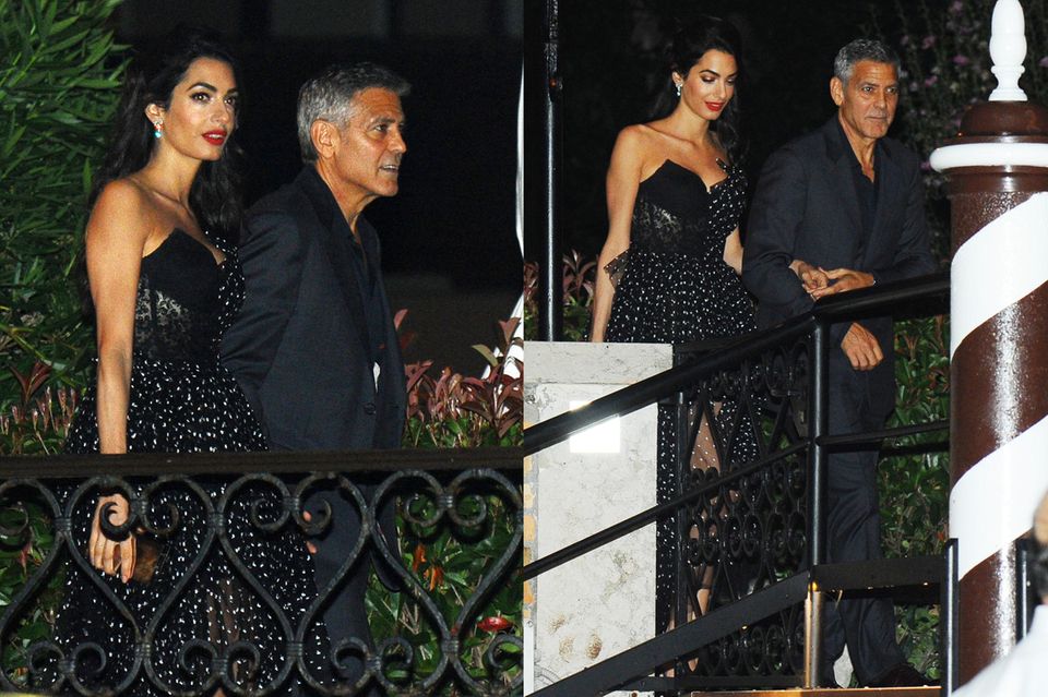 Amal und George Clooney wirken beim Verlassen ihres Hotels in Venedig wie frisch verliebt. Eingehakt und Händchen haltend zeigen sich die frischgebackenen Zwillingseltern mit einem Lächeln auf den Lippen. 