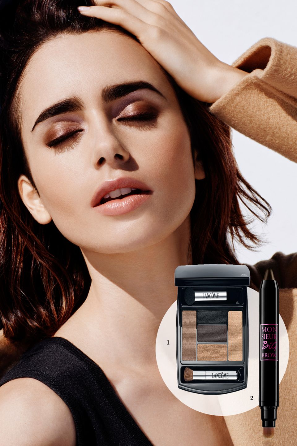 1. Vier aufeinander abgestimmte Farben plus Eyeliner: "Hypnôse Palette - Chocolate Amande" von Lancôme, ca. 40 Euro; 2. Wow!-Brauen: "Monsieur Big Brow" von Lancôme, ca. 24 Euro 3 Intensive