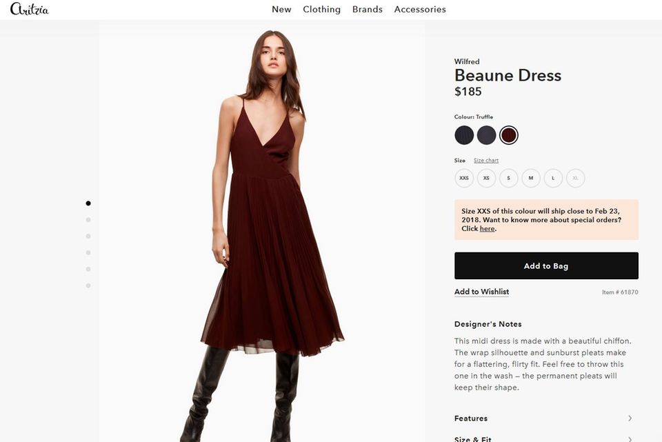 Das Kleid "Beaune" von Wilfred ist für umgerechnet knapp 160 Euro zu haben und wird in drei Farbvarianten produziert.