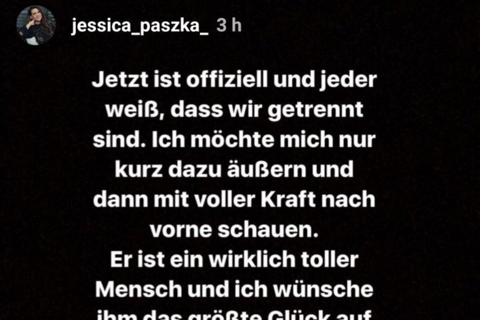 Mit diesen Zeilen bestätigt Jessica Paszka via Instagram die Trennung von David Friedrich 
