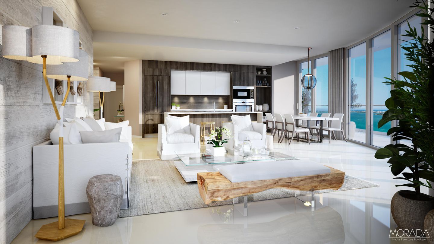 Das großzügige Apartment des Produzenten Timbaland besteht aus sechs Schlaf- und acht Badezimmern. Helles Holz und die Farbtöne Grau und Weiß dominieren ganz klar. 
