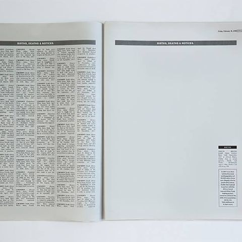Diese Doppelseite in einer Zeitung ist voller Todesanzeigen - mit Ausnahme von einer Geburtsanzeige. 