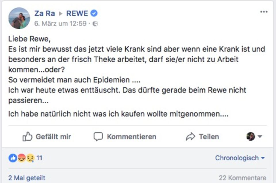 Eine Kundin beschwerte sich auf der Facebook-Seite von Rewe.