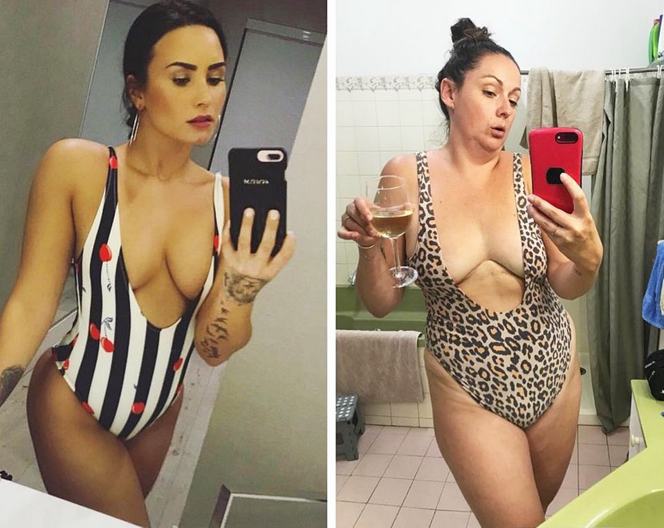 Seit 2015 äfft Celeste Barber den größten Promis und erfolgreichsten Models nach (hier ist links US-Star Demi Lovato im sexy Badeanzug zu sehen). Gleichzeitig hinterfragt sie mit ihren Parodien die vermittelten Körperbilder und bekommt dafür sehr viel Zuspruch auf den sozialen Kanälen.