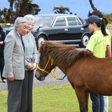 28. März 2018  Kaiserin Michiko und Kaiser Akihito beobachten einheimische Pferde auf einer Ranch auf der Insel Yonaguni im Süden Japans.