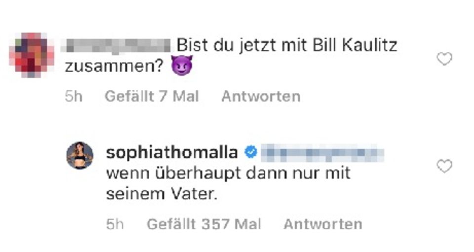 Sophia Thomalla kontert bei Instagram einem Fan-Kommentar.