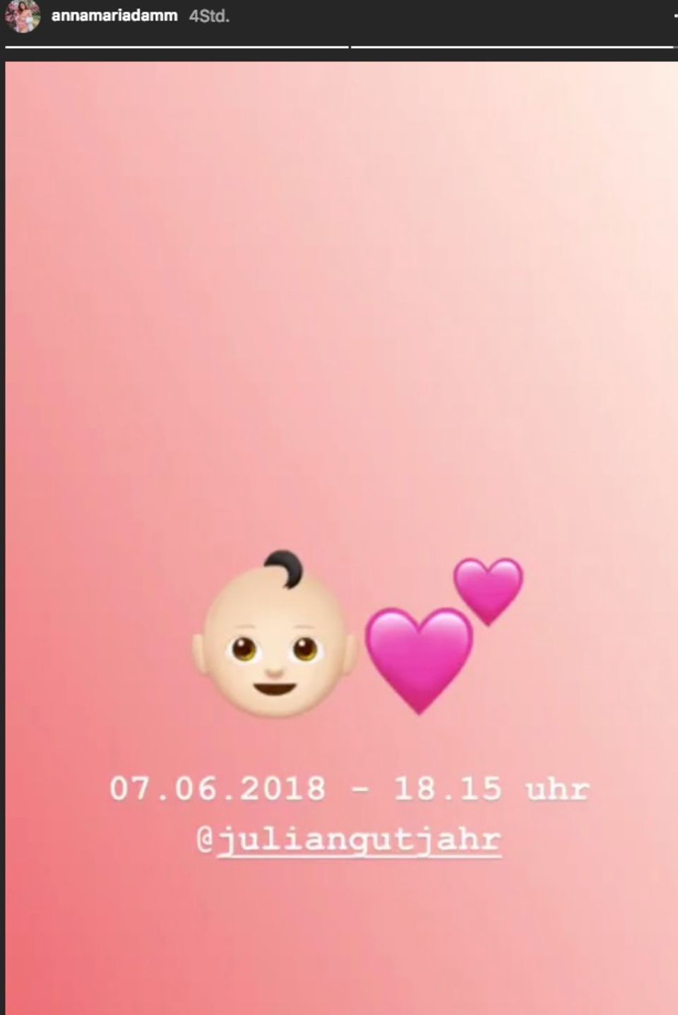 Anna Maria Damm verkündet die Geburt ihrer Tochter per Instagram Story. 
