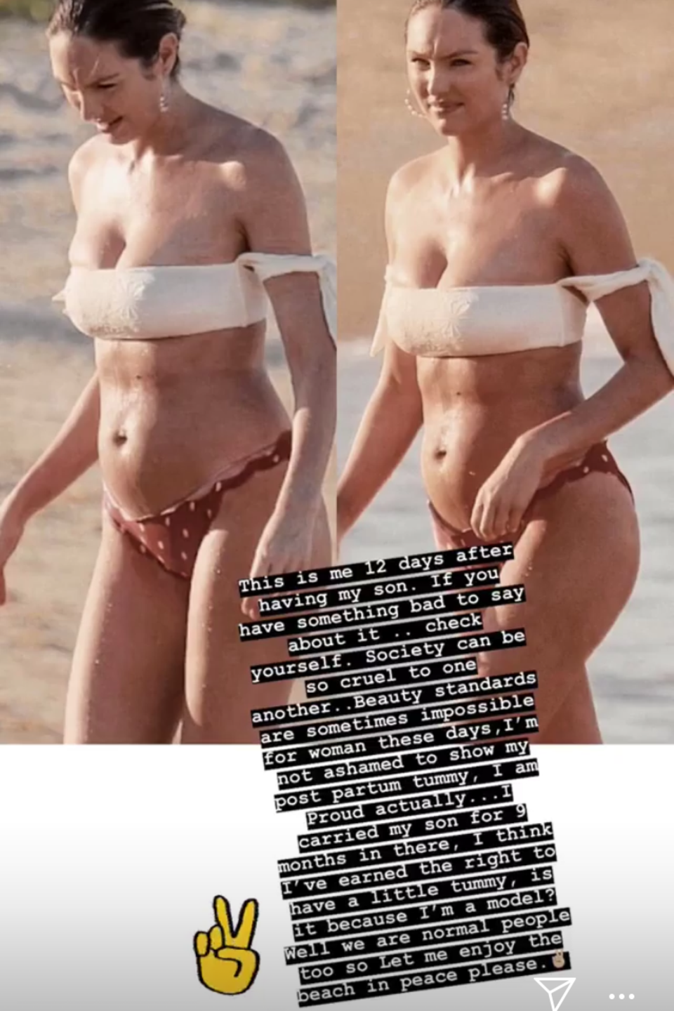 In ihrer Instagram-Story postet Candice Swanepoel am 11. Juli ein klares Statement und Bikini-Fotos von sich. "Ich habe das Recht dazu, einen kleinen Bauch zu haben", schreibt sie und beschwert sich über heutige Schönheitsideale.
