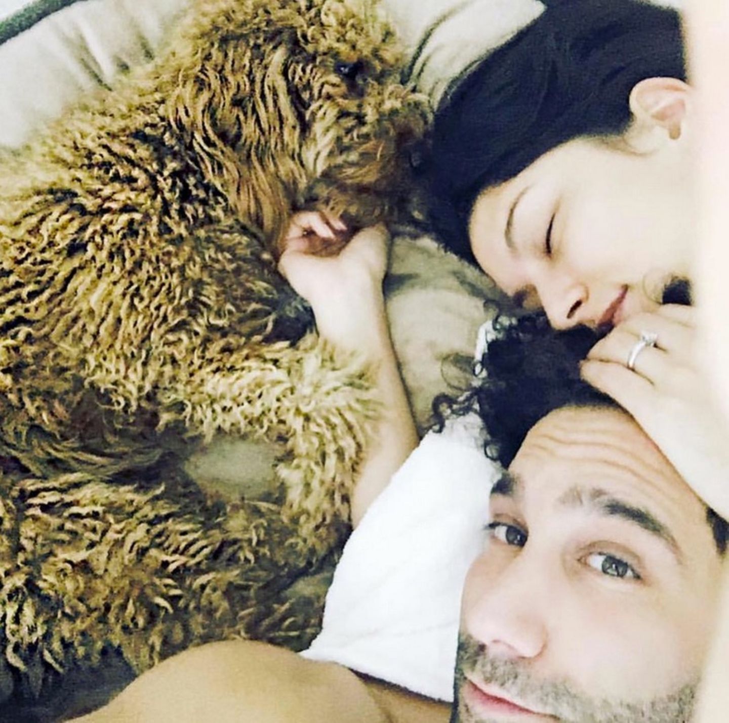 15. Juni 2018  Kuschelig aus dem Bett mit Hündin Macchia wünschen Rebecca Mir und Massimo Sinato ihren Instagram-Fans einen guten Morgen. 