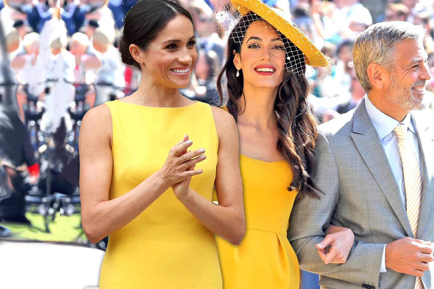 Erst Amal Clooney, dann Herzogin Meghan: Die Schönheiten strahlen beide in einem gelben Kleid.