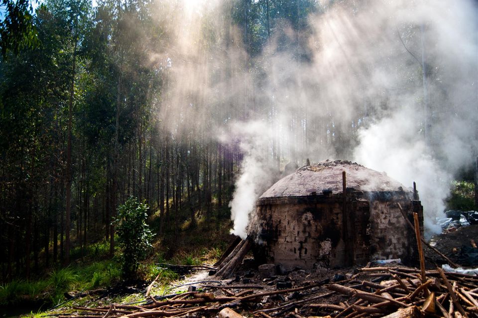Ein handgemachter Holzkohleofen zur Kohleproduktion in Südbrasilien.