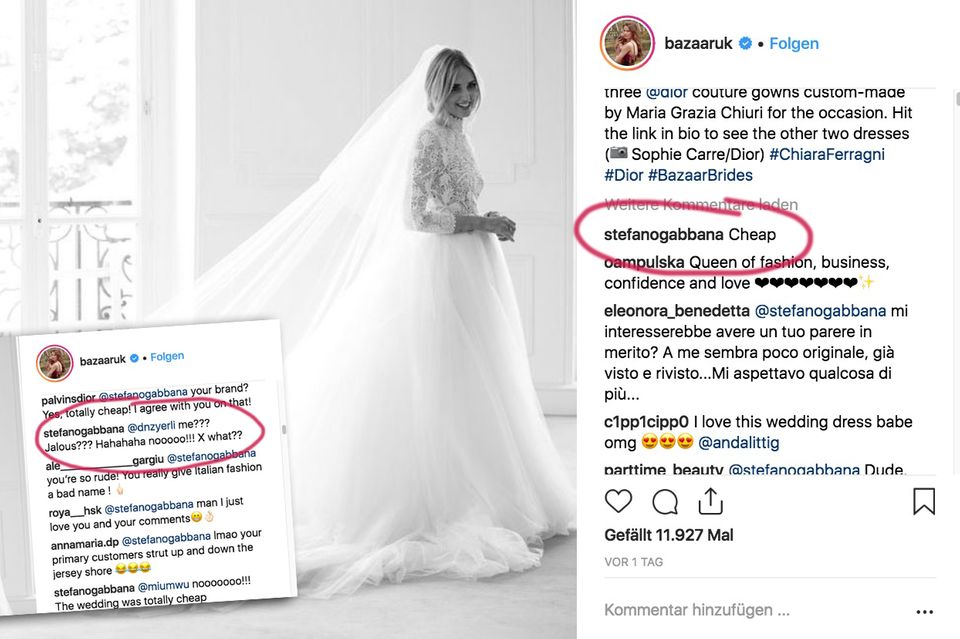 Unter das Foto von Chiara Ferragni (auf dem Instagram-Account von Harper's Bazaar UK) schreibt Stefano Gabbana "Cheap", also "billig". Als andere User ihn fragen, ob er vielleicht neidisch sei, kommentiert er wenig später mit "Noooo".