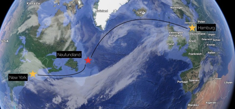 News: Auf der Reise von Hamburg nach New Work ist der Sänger Daniel Küblböck vor der Insel Neufundland (rote Markierung) über Board des Kreuzfahrtschiffs AIDAluna gegangen. Die Wassertemperatur liegt in diesem Bereich des Atlantiks bei ungefähr 10,5°C. Auf der Reise von Hamburg nach New Work ist der Sänger Daniel Küblböck vor der Insel Neufundland (rote Markierung) über Board des Kreuzfahrtschiffs AIDAluna gegangen. Die Wassertemperatur liegt in diesem Bereich des Atlantiks bei ungefähr 10,5°C.