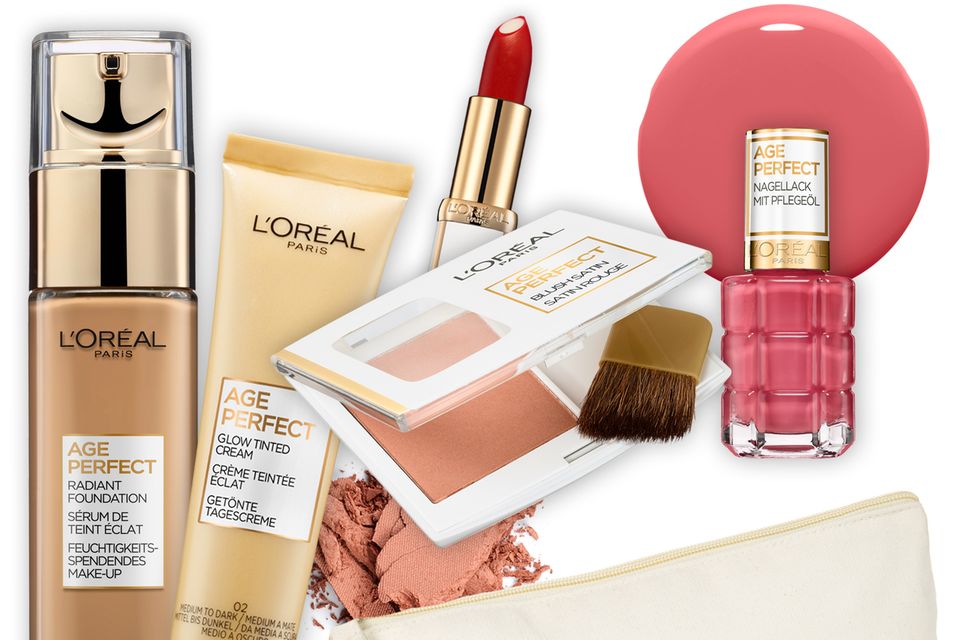Eine Beauty-Bag voll mit Produkten von L'Oréal Paris Age Perfect 