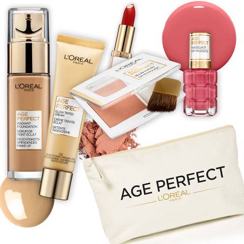 Eine Beauty-Bag voll mit Produkten von L'Oréal Paris Age Perfect 