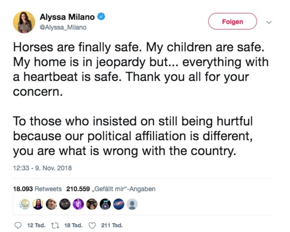 "Die Pferde sind in Sicherheit. Meine Kinder sind in Sicherheit", twittert die "Charmed"-Darstellerin. Was mit ihrem Haus sei, wisse sie nicht.