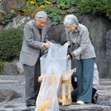 19. November 2018  Kaiserin Michiko und Kaiser Akihito lassen die Koi-Karpfen in einen Teich im Ninomaru-Garten im Kaiserpalast von Tokio frei. 